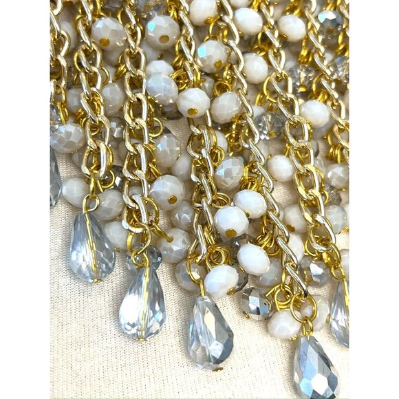 Statement Bib Necklace With White Beads Gray Crystals & Gold Chains By Ailema - Picture 4 of 8